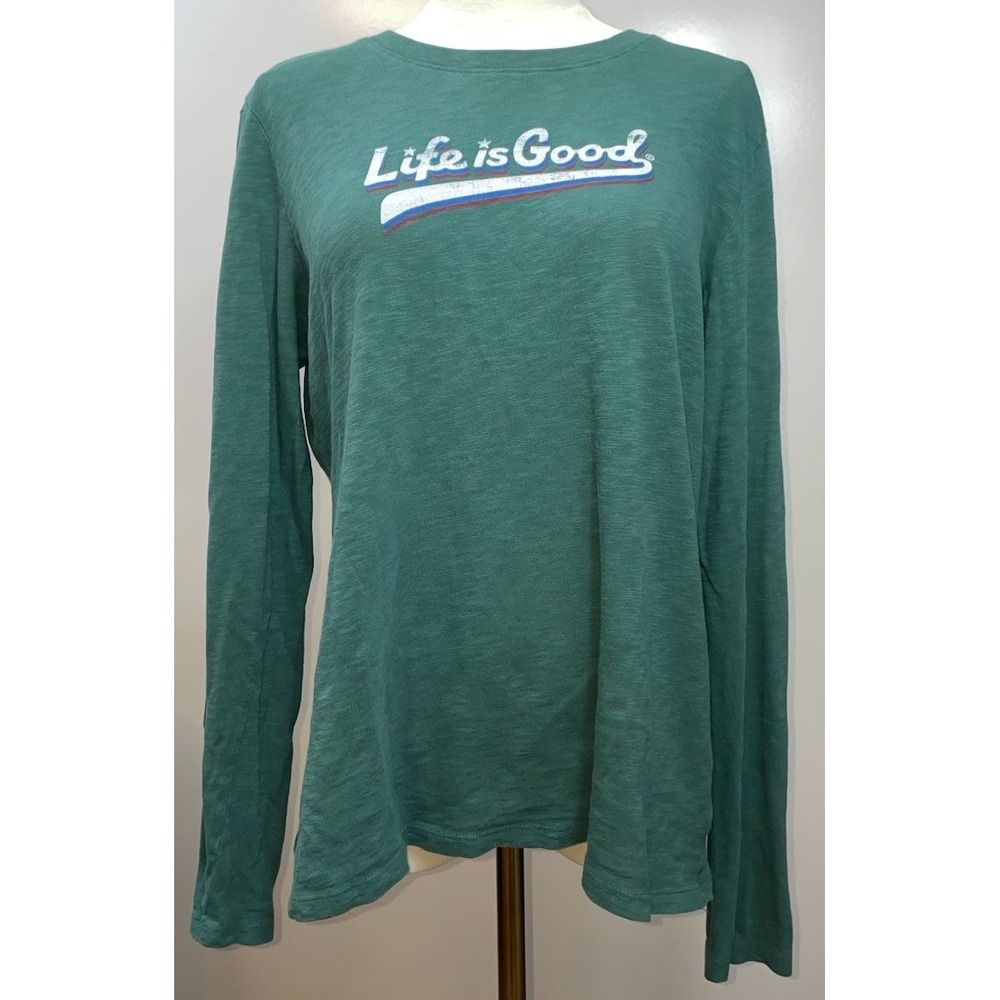 Life Is Good Womens Crusher Tee L Large Green Retro Logo Long Sleeve